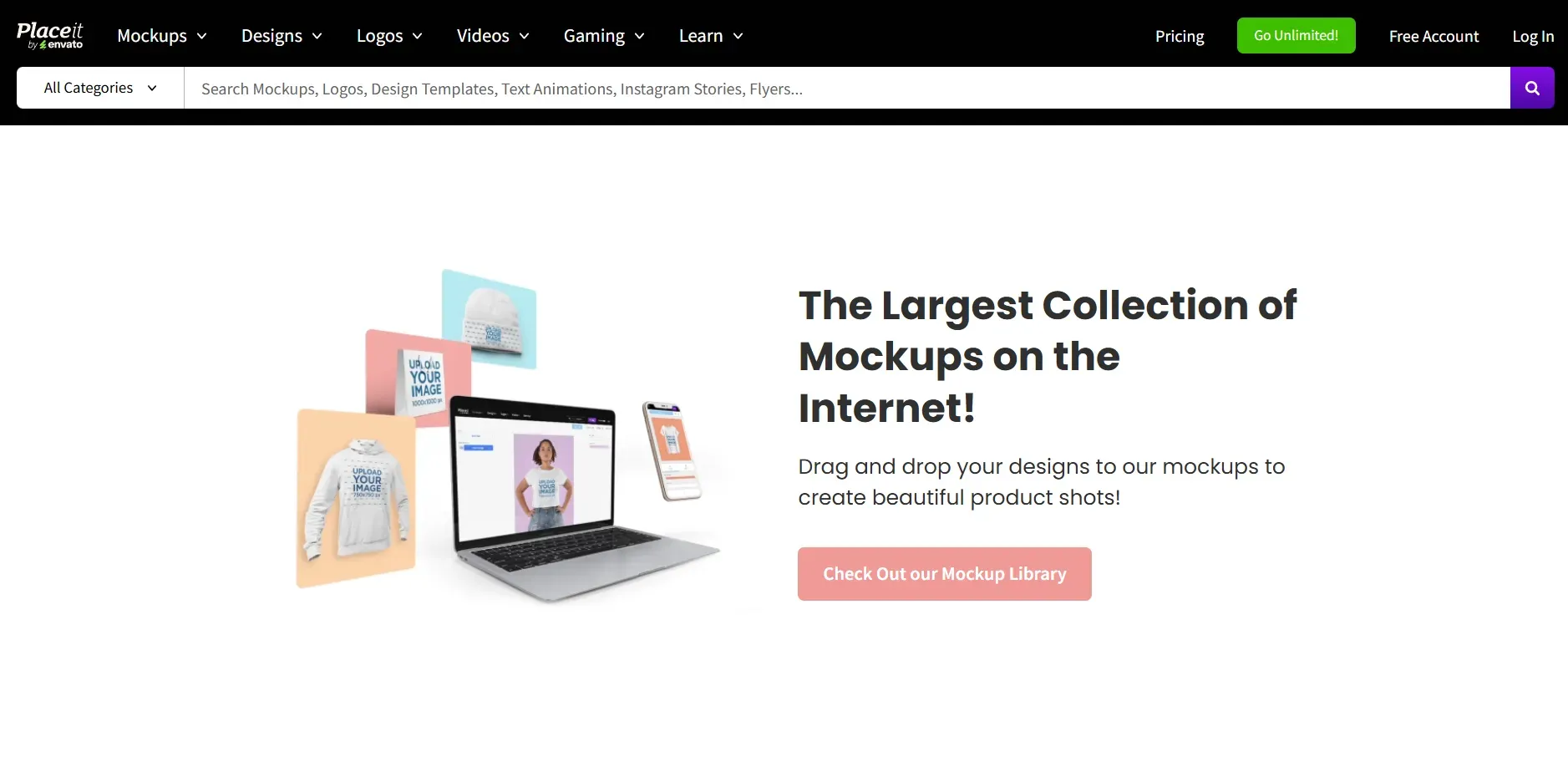 Placeit homepage banner showing categories and a loptop mockup